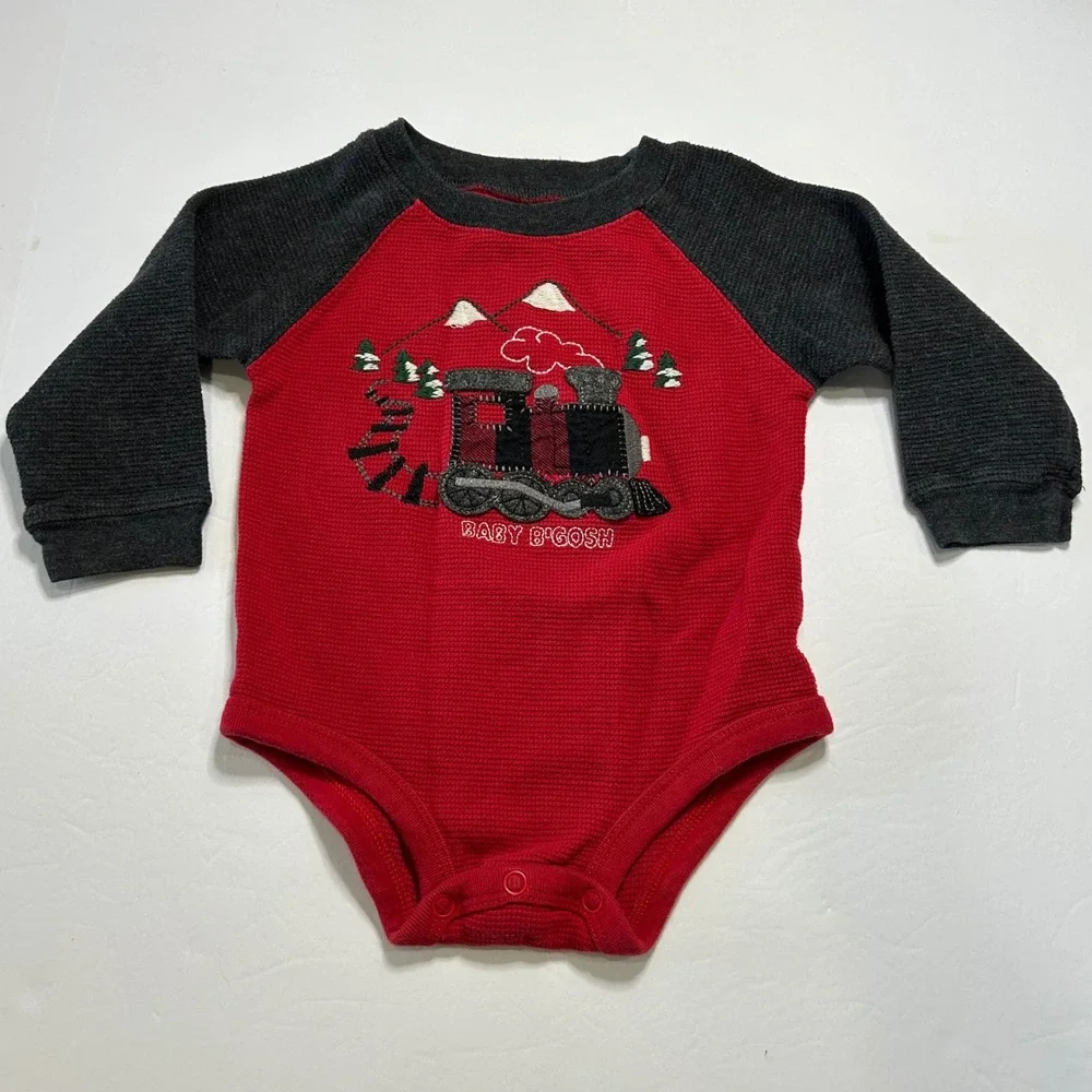 Baby OshKosh B'gosh‎ Red Gray Train Waffle Knit Long Sleeve Bodysuit 18M